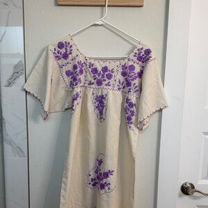 Vintage Hand Embroidered Mexican Cream Dress with Purple Florals